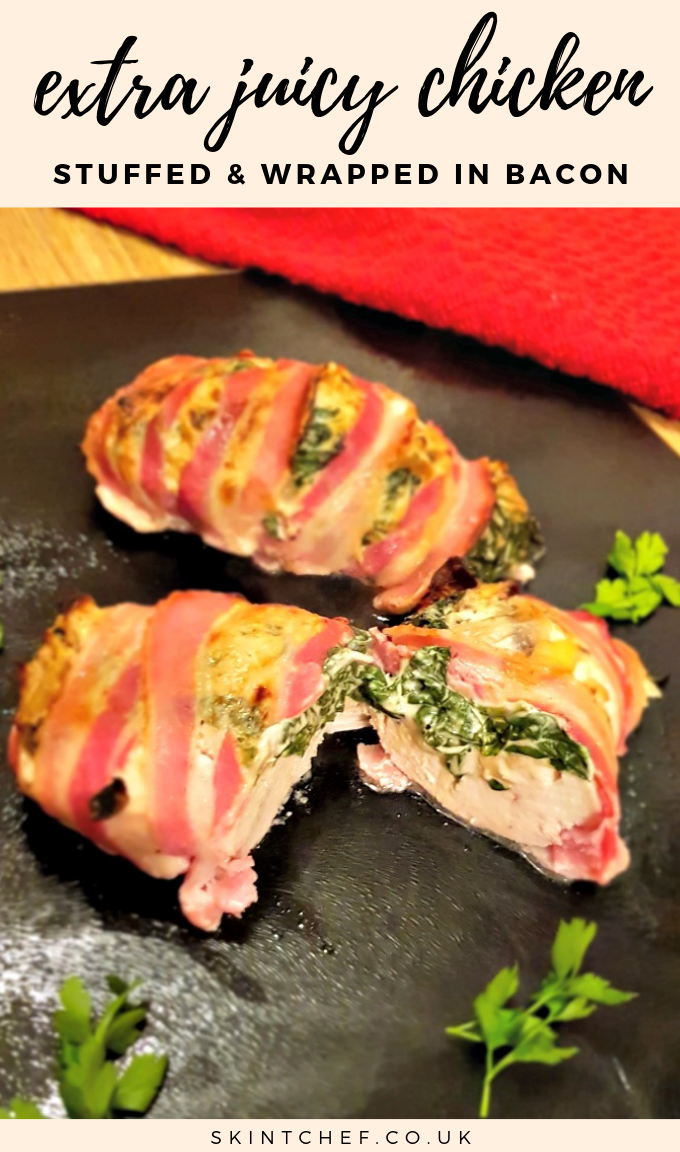 Keep your chicken extra juicy and tender by making stuffed chicken wrapped in bacon. A delicious treat for dinner, or a show stopper to serve friends.