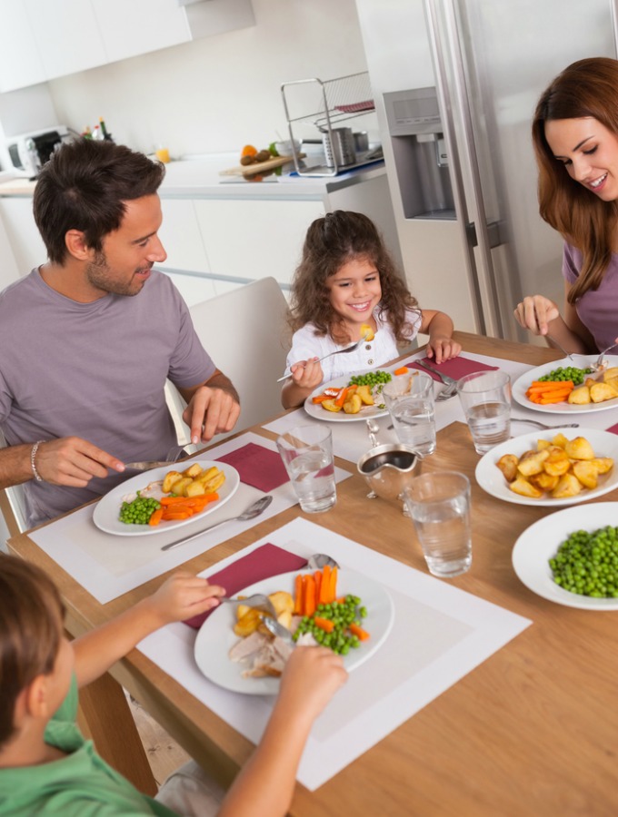 Family eating healthy dinner in kitchen